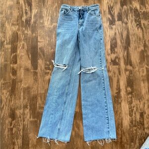 Zara Blue Flare Wide Leg Jeans with Distressed Details